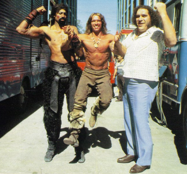 Wilt Chamberlain, Arnold Schwarzenegger, Andre the Giant-- on the set of Conan.