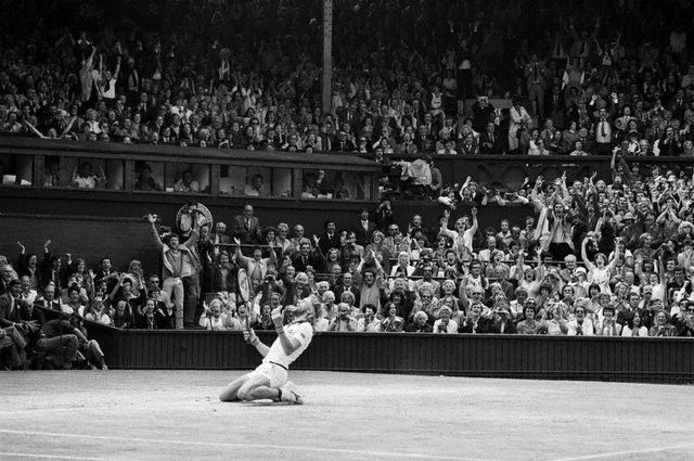  Bjorn Borg falls to knees after defeating John McEnroe 7-5, 6-3, 8-6, to win the Wimbledon title for the 5th consecutive year, 1976-1980.